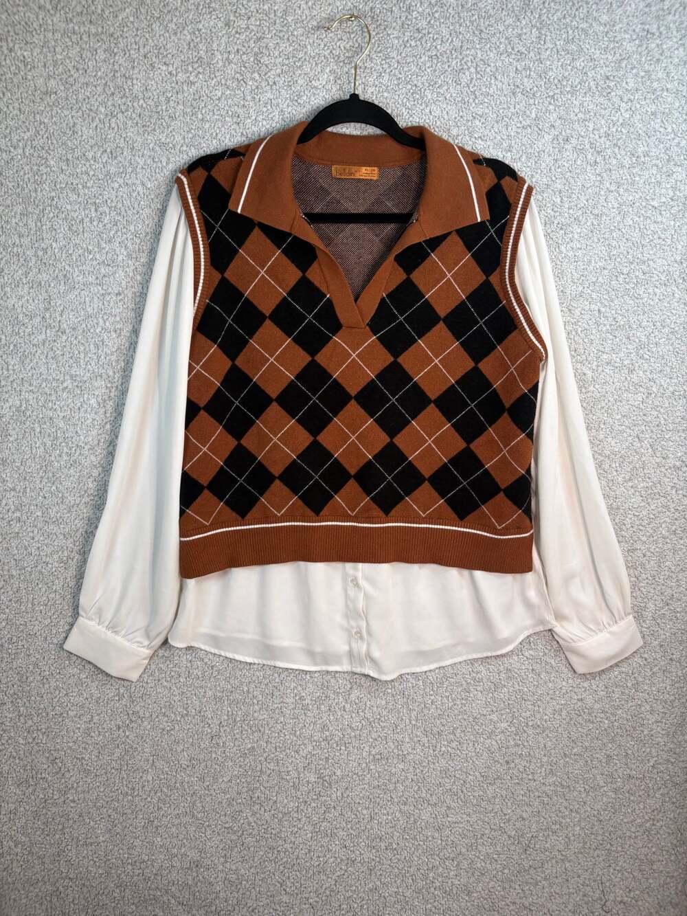 Belladini XL Argyle Sweater Vest Blouse Preppy Academia Layered